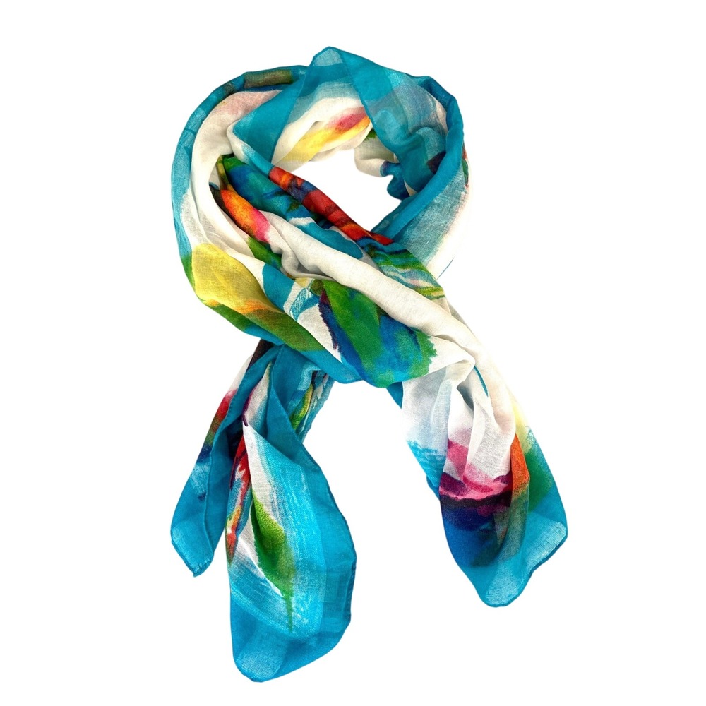 Chicos Women Tropical Parrot Print Scarf Blue Multicolor Watercolor Lightweight